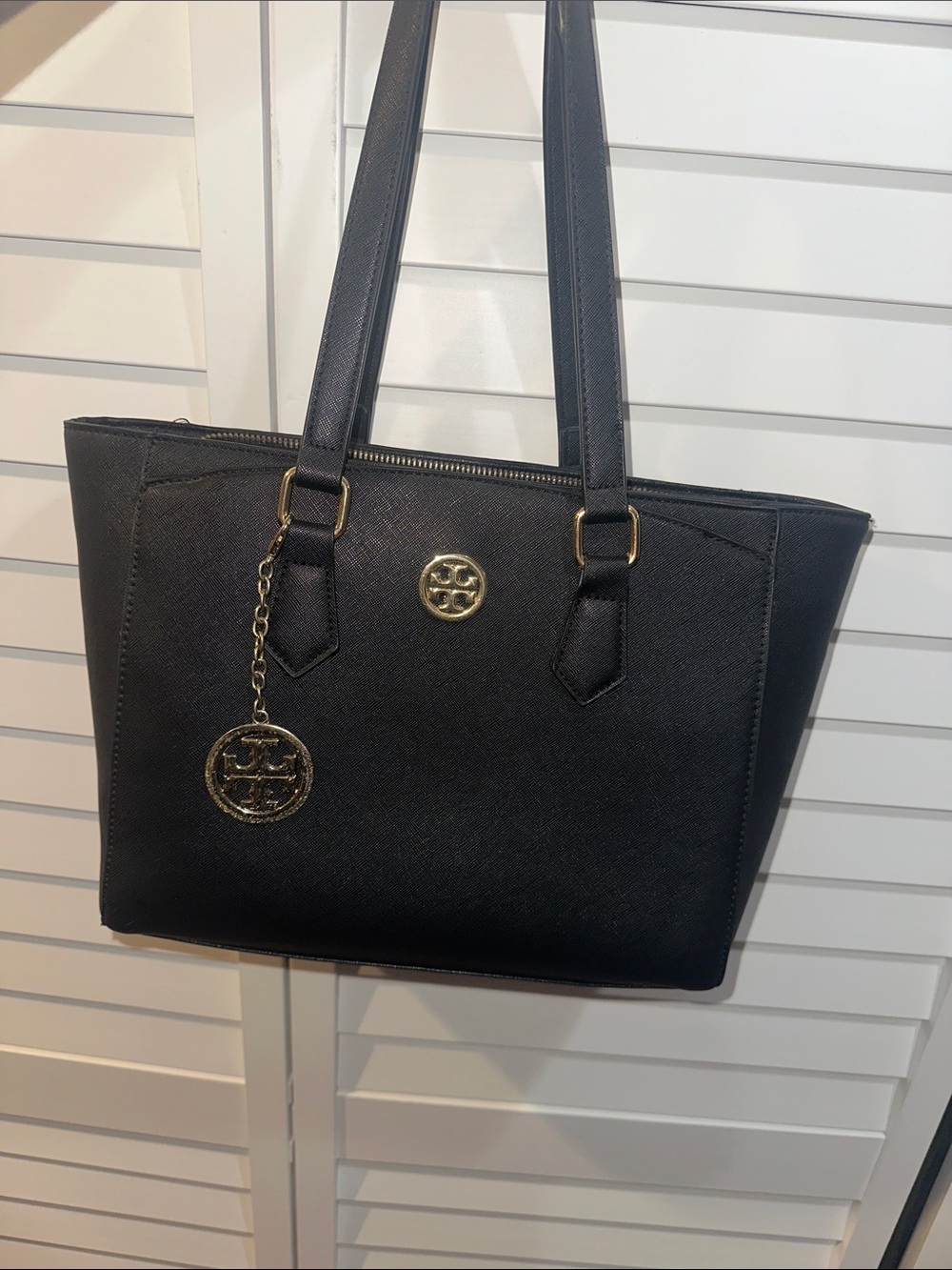 Tory Burch Black Leather Tote with Gold Logo Charm
